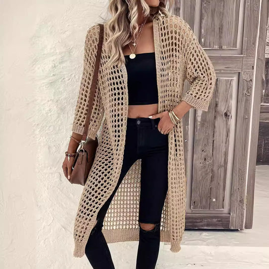 Damen Luftige Häkeljacke mit offenem Design und weiten Ärmeln R&B