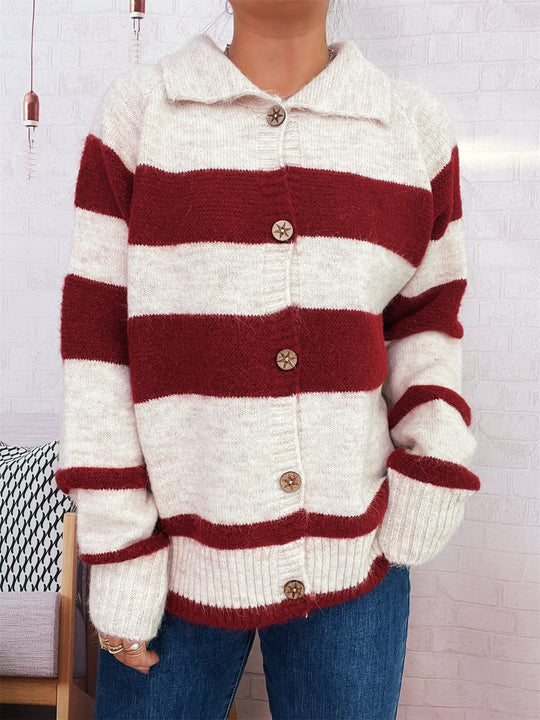 Damen gemütliche Strickjacke mit dekorativen Holzknochen und breiten Streifen R&B