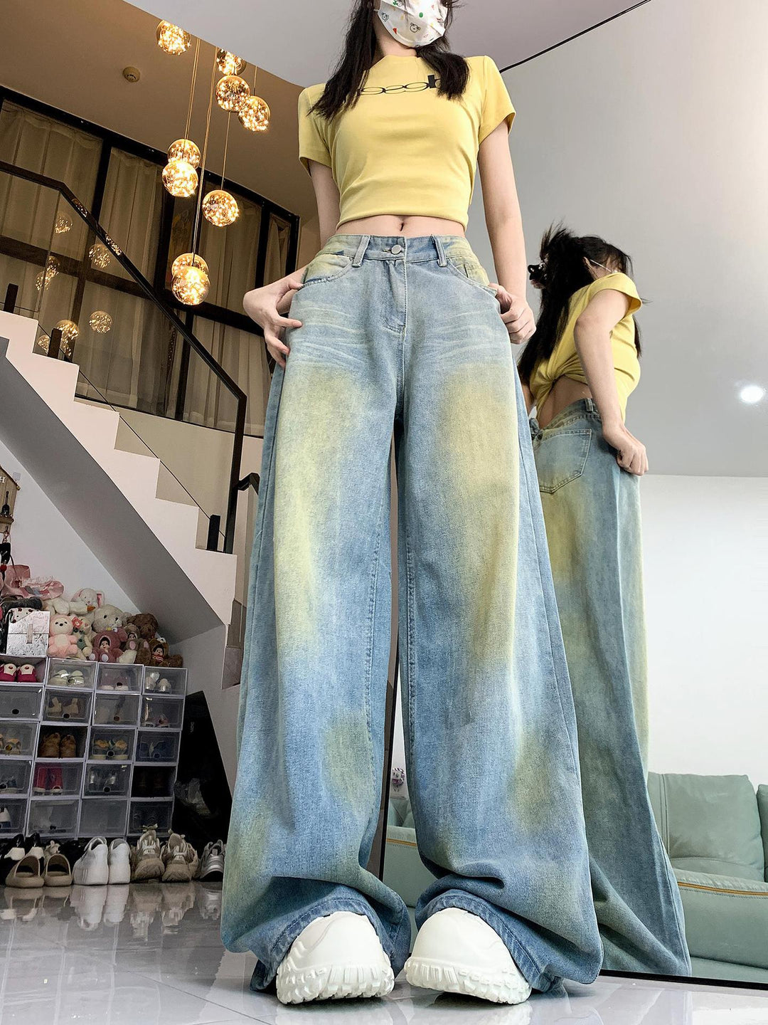 Damen weite High-Waist Jeans im lässigen Stil mit individuellen Waschungen R&B
