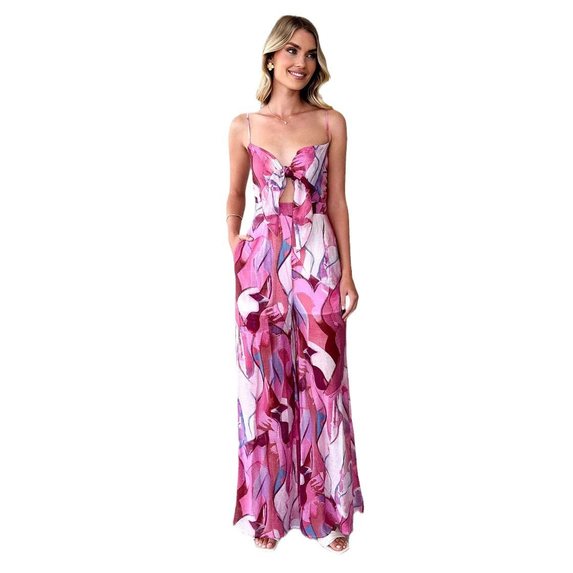 Damen Jumpsuit mit verspieltem Knotendetail und farbenfrohem Muster R&B