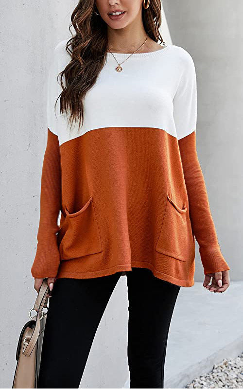 Damen Strickpullover mit großen Fronttaschen und kontrastiertem Design R&B