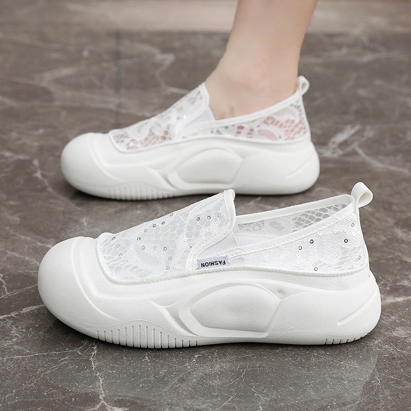 Damen bequeme Slip-On Sneakers mit luftiger Spitze und elastischem Riemen R&B