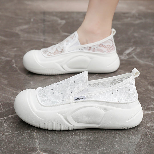 Damen bequeme Slip-On Sneakers mit luftiger Spitze und elastischem Riemen R&B