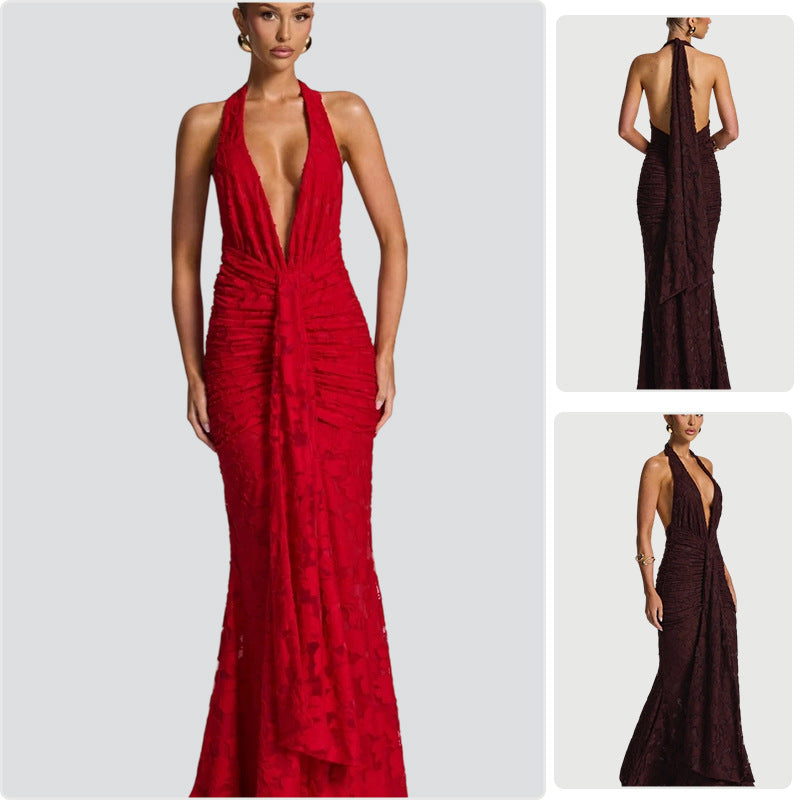 Damen Elegantes Maxikleid mit tiefem V-Ausschnitt und gerafftem Design R&B