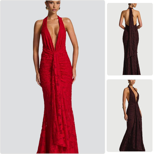 Damen Elegantes Maxikleid mit tiefem V-Ausschnitt und gerafftem Design R&B