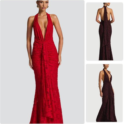 Damen Elegantes Maxikleid mit tiefem V-Ausschnitt und gerafftem Design R&B