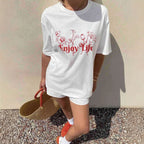 Damen Lässiges Oversize-T-Shirt mit floralem Druck und inspirierendem Schriftzug R&B