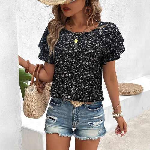 Damen Kurzarm Blusenshirt mit Rüschendetails und floralem Design R&B