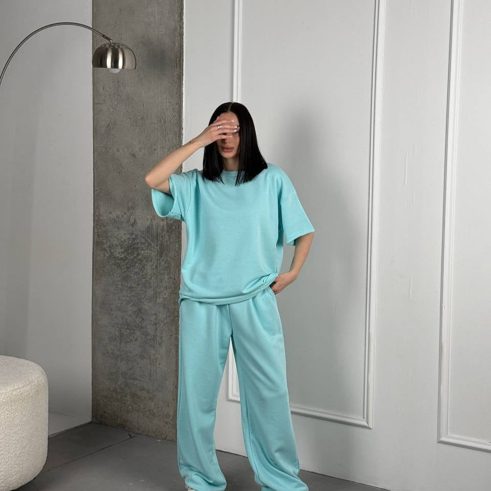Damen lässiges Baumwoll-Set mit weit geschnittenem Oberteil und bequemen Hosen R&B
