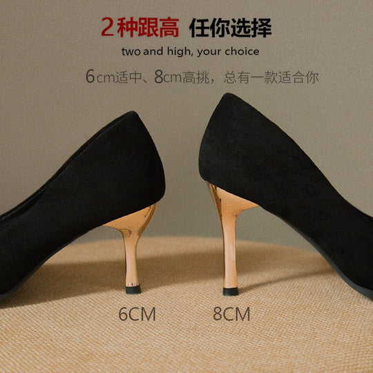 Damen elegante High Heel Pumps mit spitzem Fuß und goldfarbenem Absatz R&B
