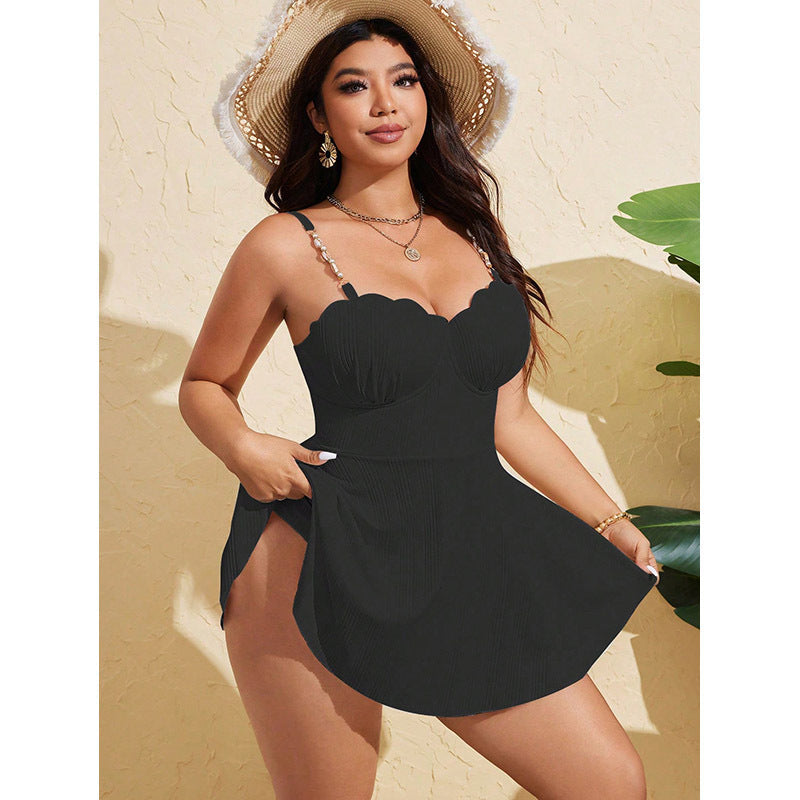 Damen Plissierter Strandkleid Badeanzug mit verstellbaren Trägern und romantischem Ausschnitt R&B