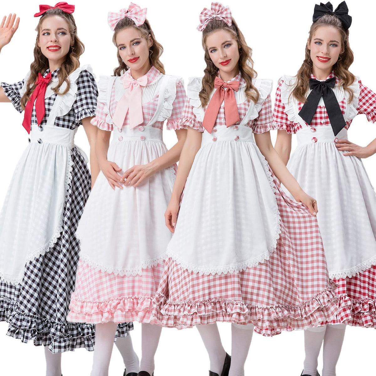 Damen nan Vintage-inspiriertes Karo-Swingkleid mit abnehmbarer Schürze, Rüschenärmeln und Schleifenkragen R&B