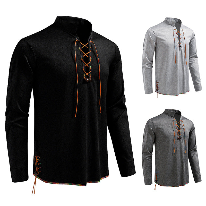 Herren Langarmshirt mit Kordelzug und Stehkragen R&B