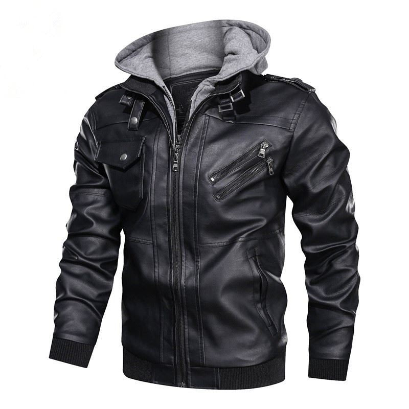 Herren flauschige Kunstlederjacke mit Hoodie R&B
