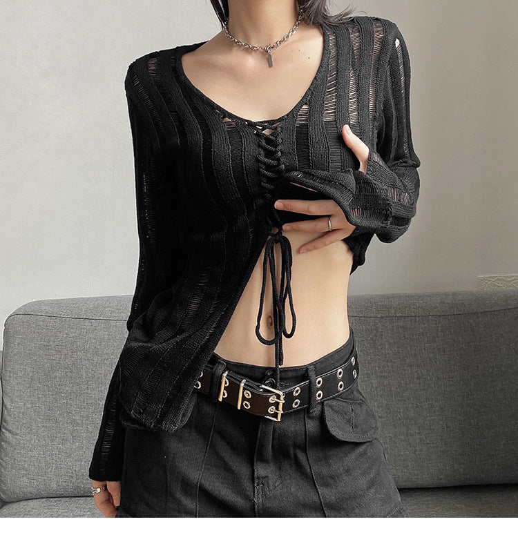 Damen Strickjacke mit modernem Schnürdesign und feinen Lochmustern R&B