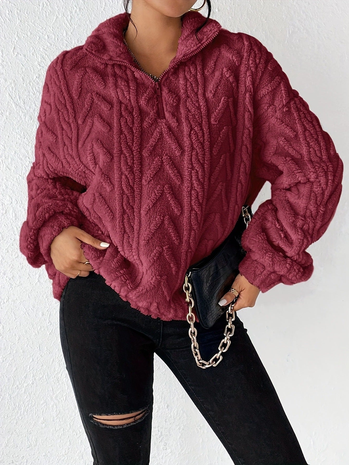 Damen Fleece Pullover mit hohem Kragen und strukturiertem Design R&B