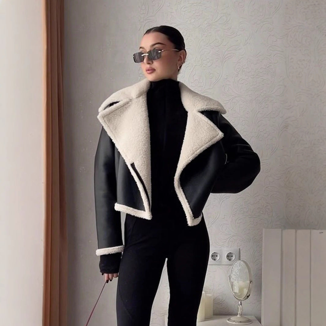 Damen Kunstfell-Bikerjacke mit gefüttertem Kragen und seitlichem Reißverschluss R&B