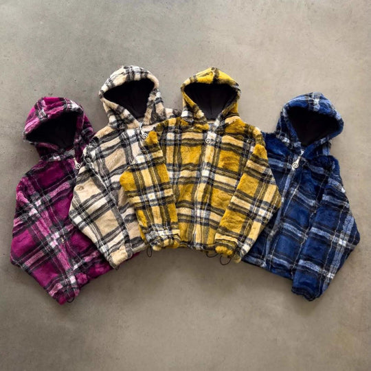 Unisex nan gefütterte Plaid-Fleece-Bomberjacke mit Kapuze Kordelzug und Reißverschlusstaschen R&B
