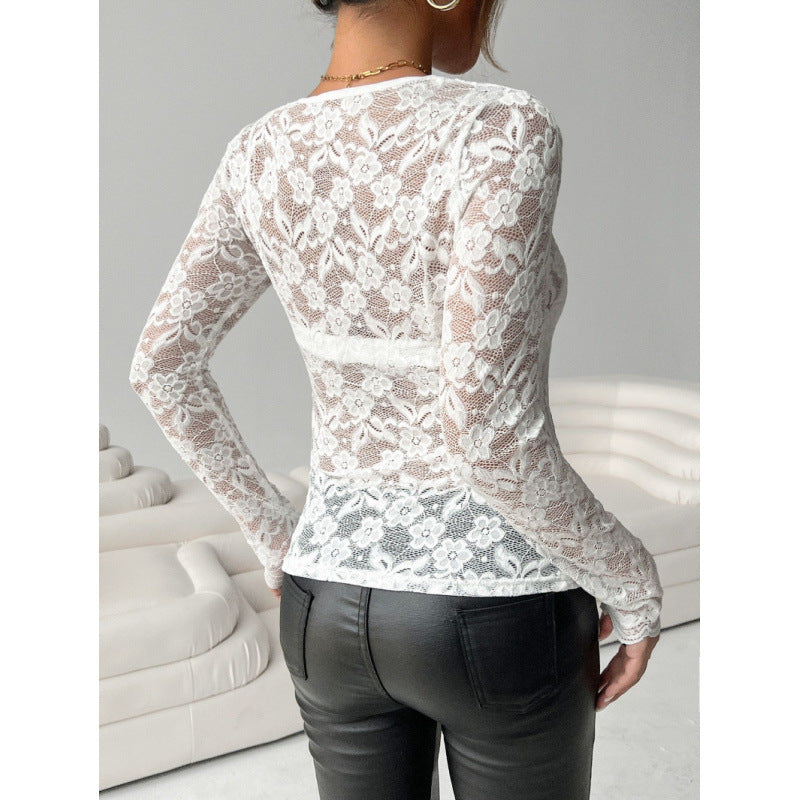 Damen Spitzenbodysuit mit elegantem V-Ausschnitt und langen Ärmeln R&B