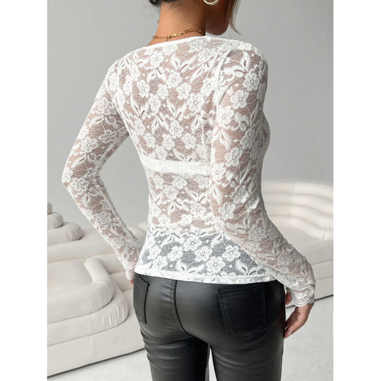 Damen Spitzenbodysuit mit elegantem V-Ausschnitt und langen Ärmeln R&B