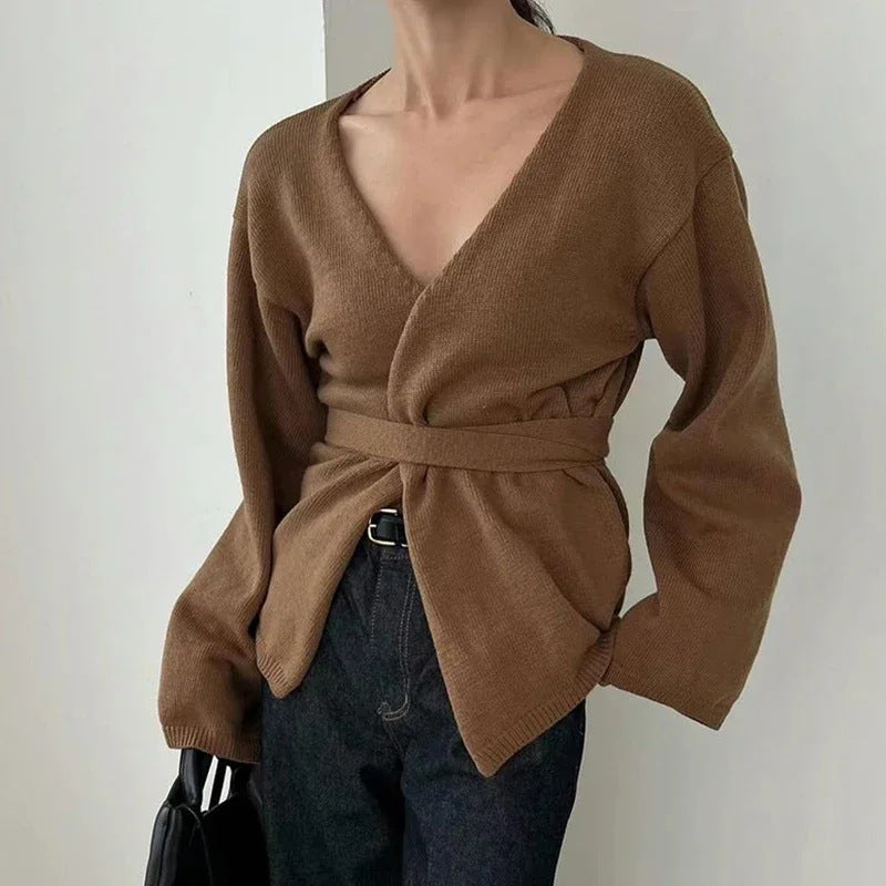 Damen Eleganter Strickmantel mit Wickeldesign R&B