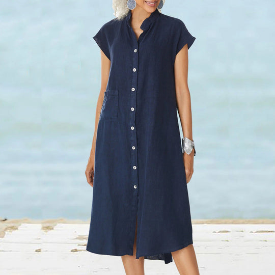 Damen lässiges Knopf-Blusenkleid aus leichtem Stoff mit Taschen R&B