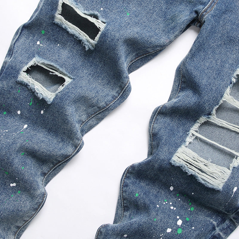 Herren Ripped Denim-Jeans mit kreativen Farbklecksen und lässigem Schnitt R&B