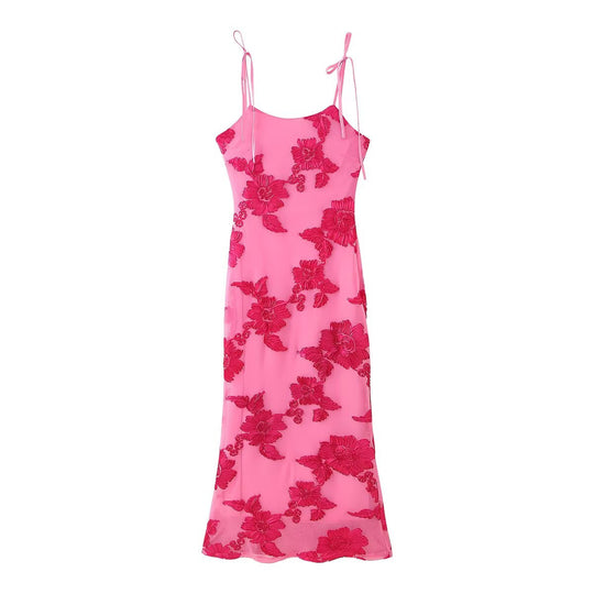 Damen Maxikleid mit floralem Spitzenmuster und verstellbaren Trägern R&B