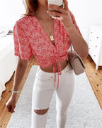 Damen Cropped Bluse mit floralem Design und Kordelzug R&B