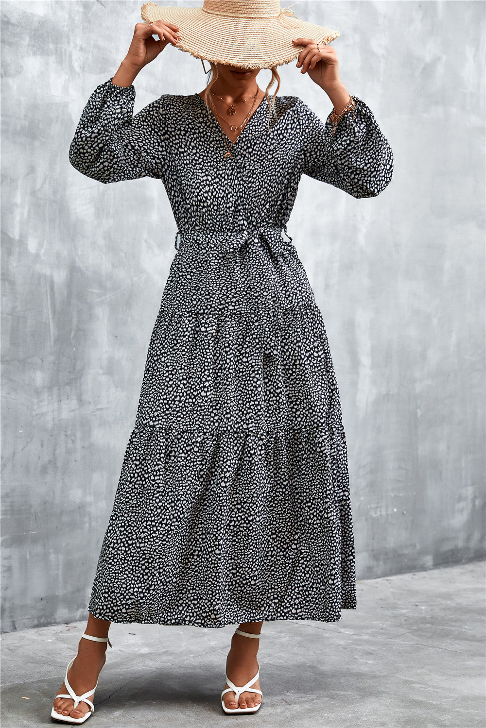 Damen Maxikleid mit tailliertem Design und langen Ärmeln R&B