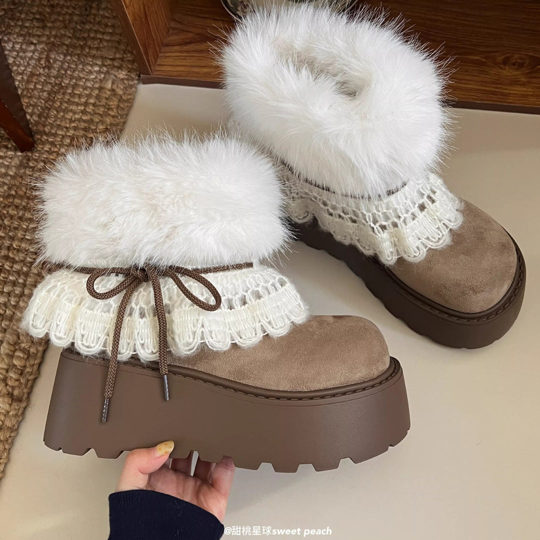 Damen Trendige Winterstiefel mit kuscheligem Kunstfellrand und dekorativer Spitzenverzierung R&B