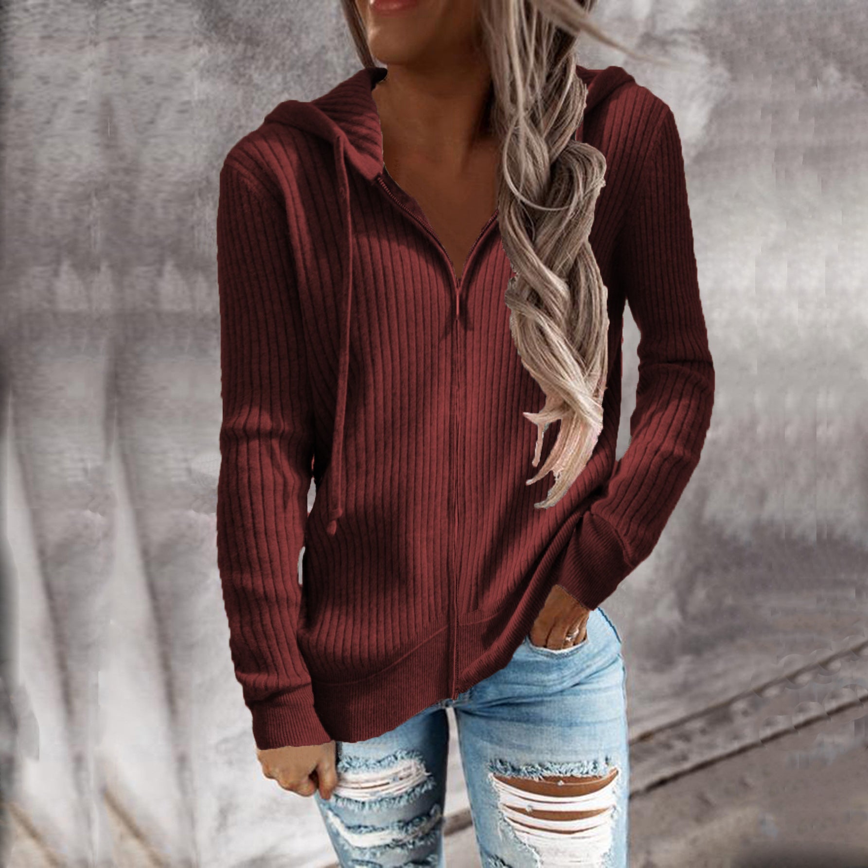 Damen Strickjacke mit Kapuze und Rippstruktur R&B
