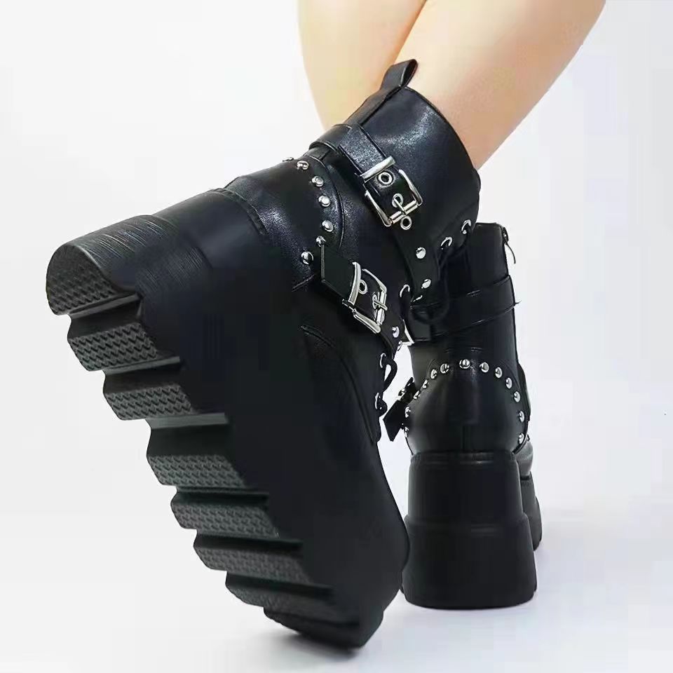 Damen Plateau-Stiefeletten mit modischen Schnallen und robuster Sohle R&B