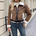 Damen Stylische Jacke mit Kunstfellbesatz und dekorativen Schnallen R&B