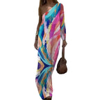 Damen asymmetrisches Maxikleid mit buntem Kunstdruck R&B