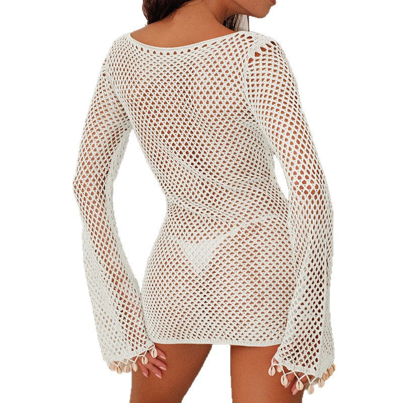 Damen Netzkleid mit weitem Ärmel und Muscheldekor R&B