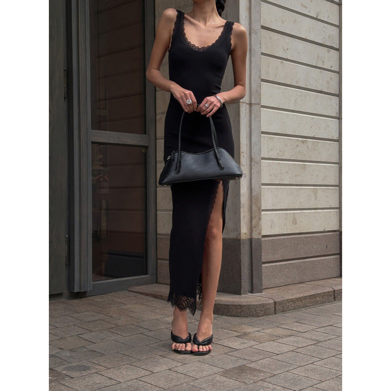 Damen Maxikleid mit Spitzenabschluss und hohem Schlitz R&B
