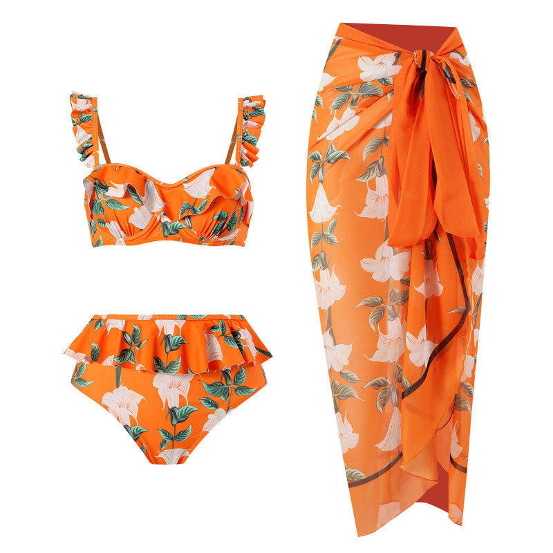 Damen Bikini-Set mit floralem Rüschendesign und elegantem Wickelrock R&B