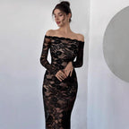 Damen Elegantes Spitzenkleid mit off-shoulder Design und langen Ärmeln R&B
