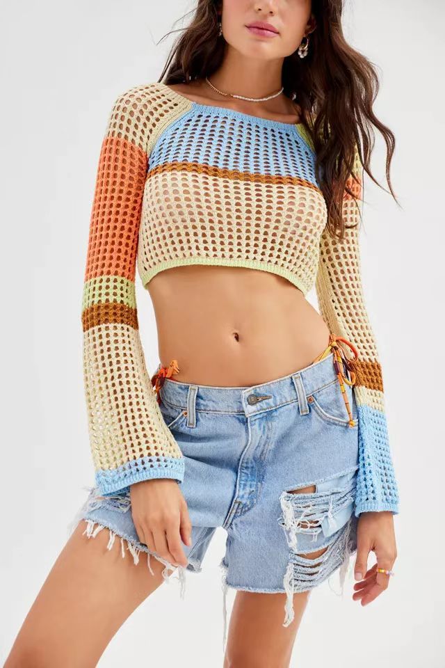 Damen gehäkeltes Crop-Top mit weiten Ärmeln und bunten Streifen R&B