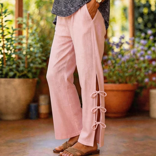 Damen Leichte Sommerhose mit seitlichen Bindegürtel undDekolleté-Schlitzen R&B