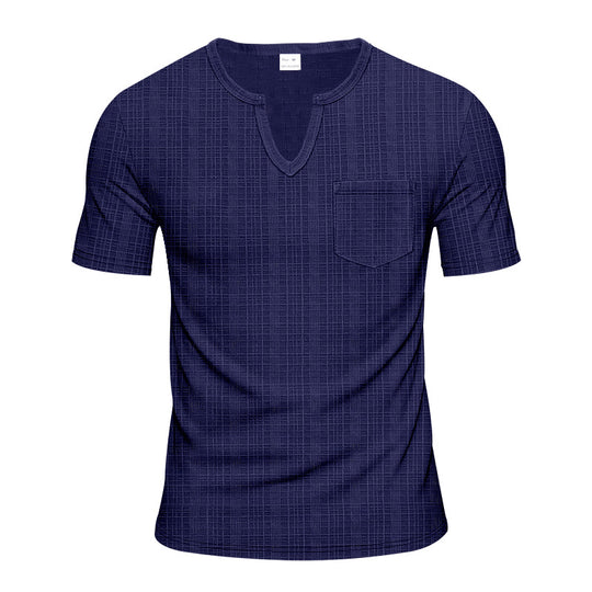 Herren nan Kurzarmshirt mit geschlitztem V-Ausschnitt strukturierter Leinenoptik und aufgesetzter Brusttasche R&B