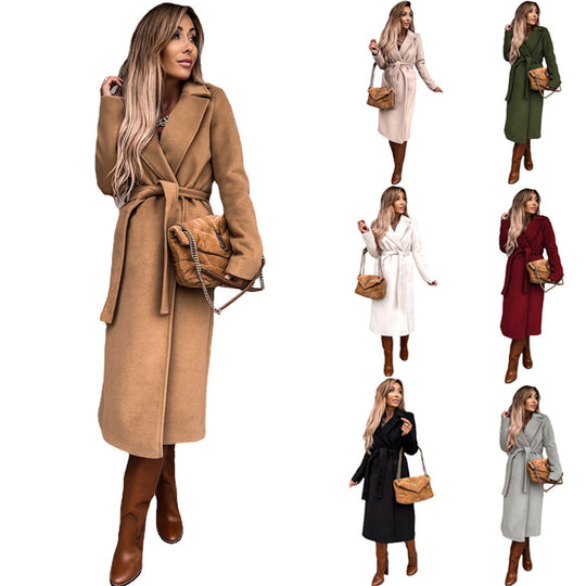 Damen eleganter Wollmantel mit Gürtel und klassischem Revers R&B