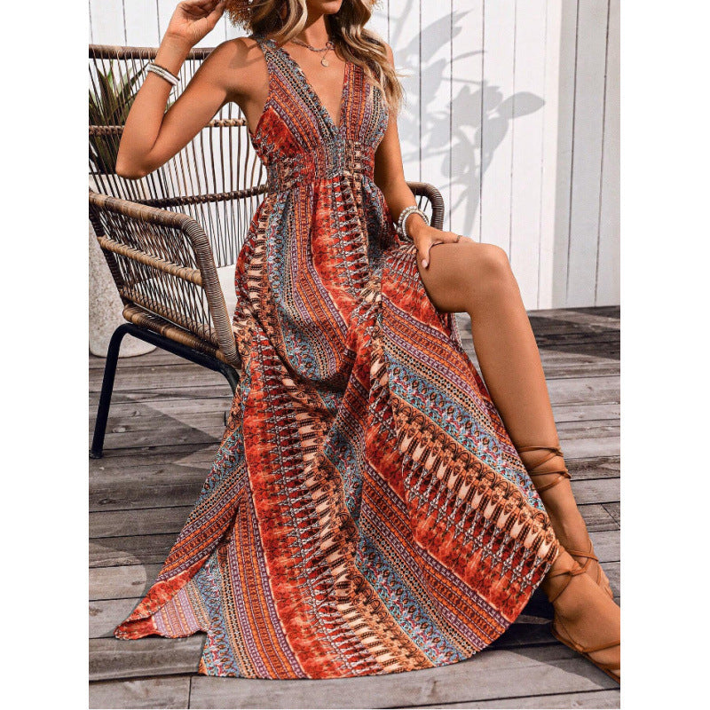 Damen Maxikleid mit tiefem V-Ausschnitt und schwingendem Rock R&B