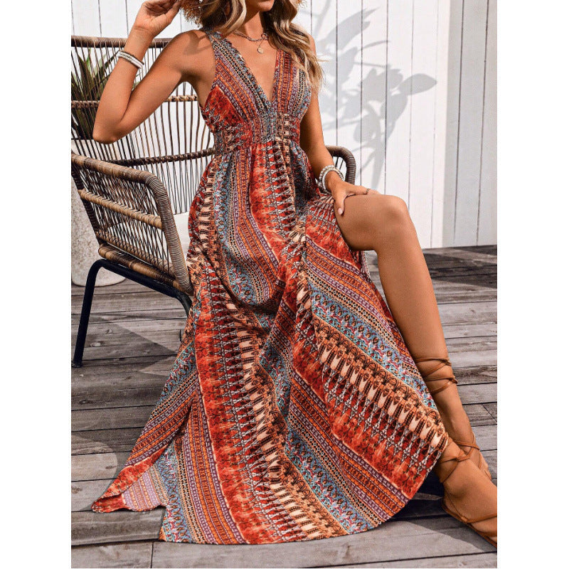 Damen Maxikleid mit tiefem V-Ausschnitt und schwingendem Rock R&B
