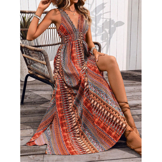 Damen Maxikleid mit tiefem V-Ausschnitt und schwingendem Rock R&B