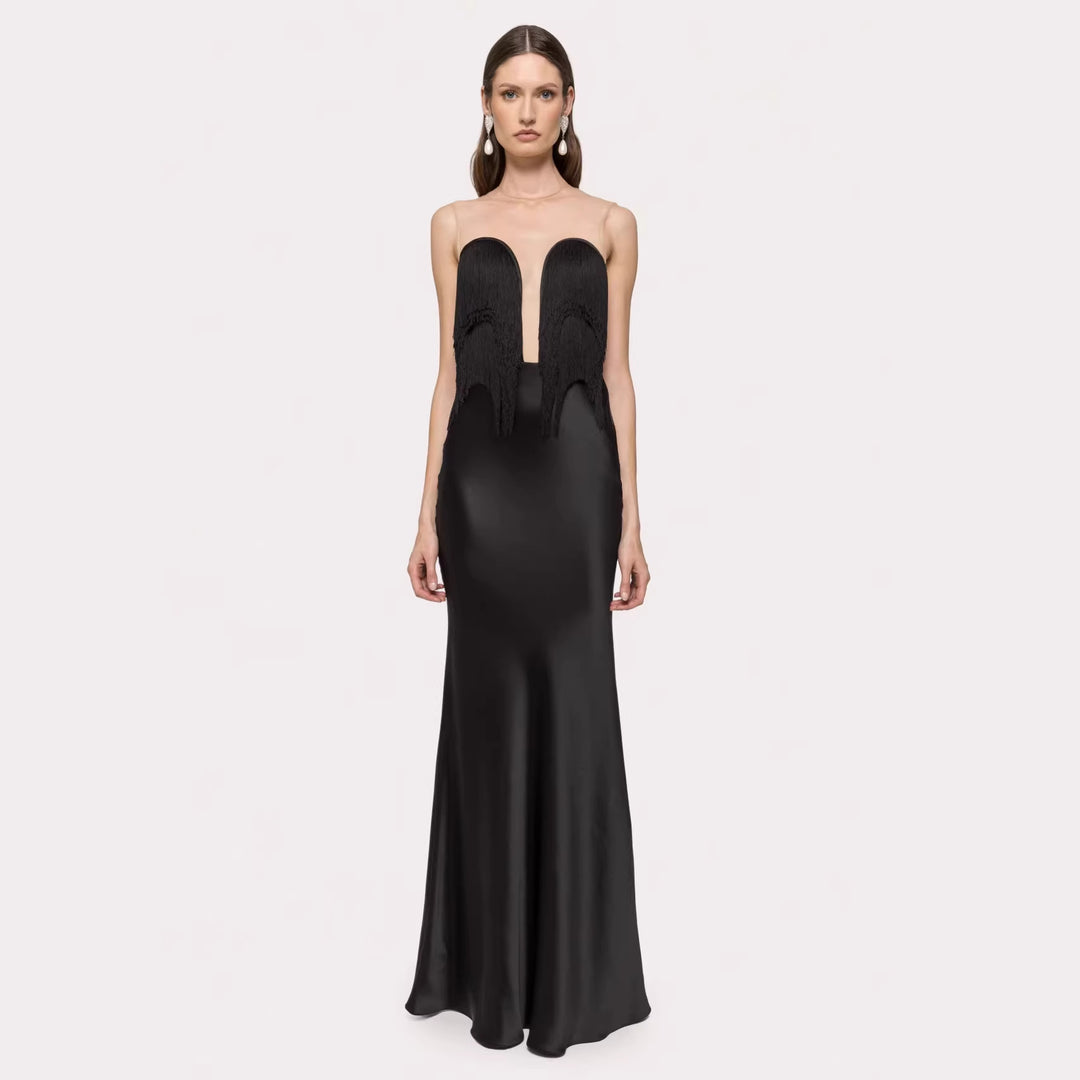Damen Langärmliges Maxikleid mit tiefem V-Ausschnitt und fransierten Details R&B