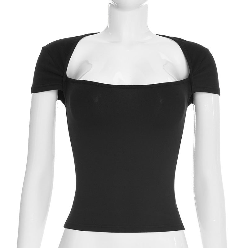 Damen Figurbetontes Kurzarmshirt mit quadratischem Ausschnitt und elastischem Material R&B