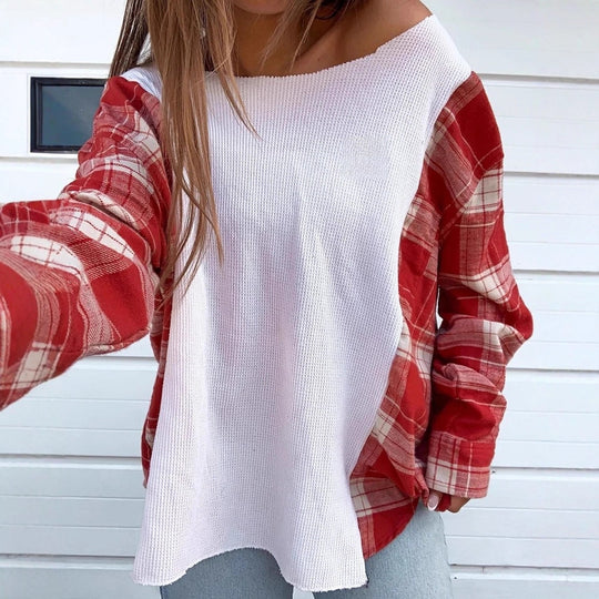 Damen nan Oversize Langarmshirt im Materialmix mit strukturierter Waffelstrick-Front und karierter Ärmelpartie R&B