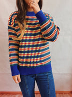 Damen lässiger Strickpullover mit buntem Rautenmuster und Rundhalsausschnitt R&B